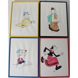 VTG Popeye Cartoon Character Art Drawing Olive Oye Wimpy Sweet Pea SET Framed